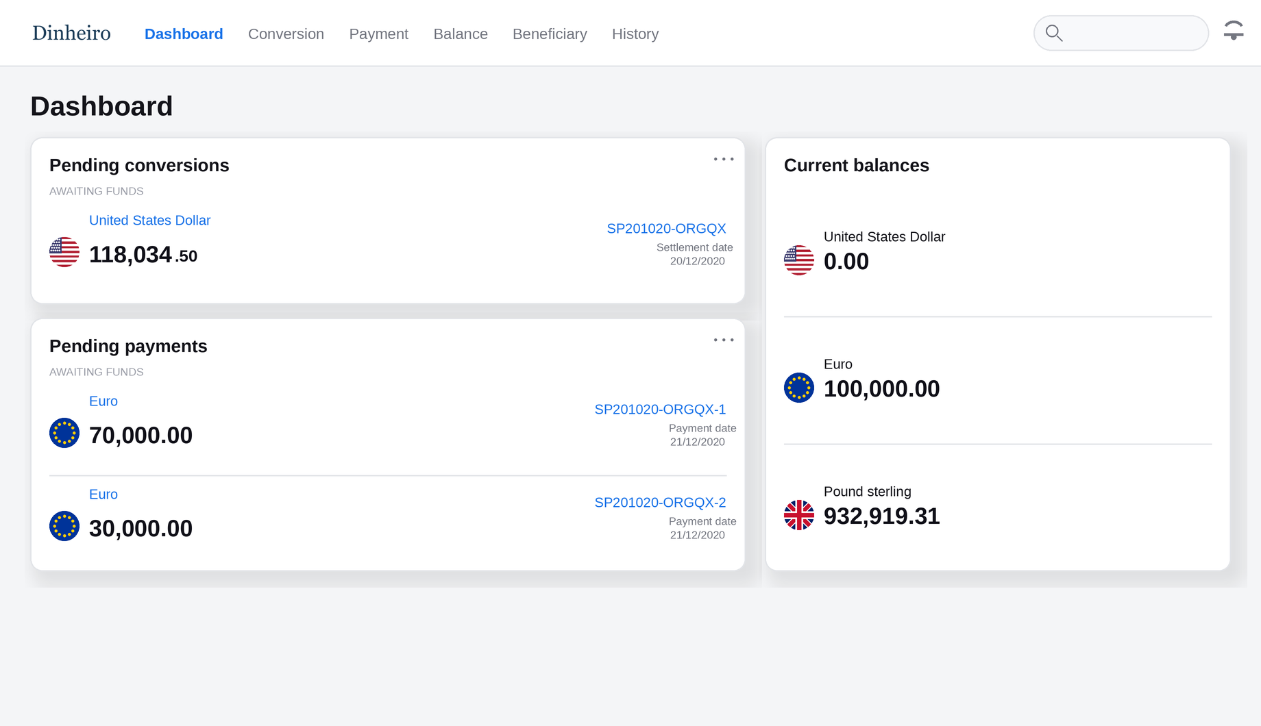 Dinheiro platform dashboard