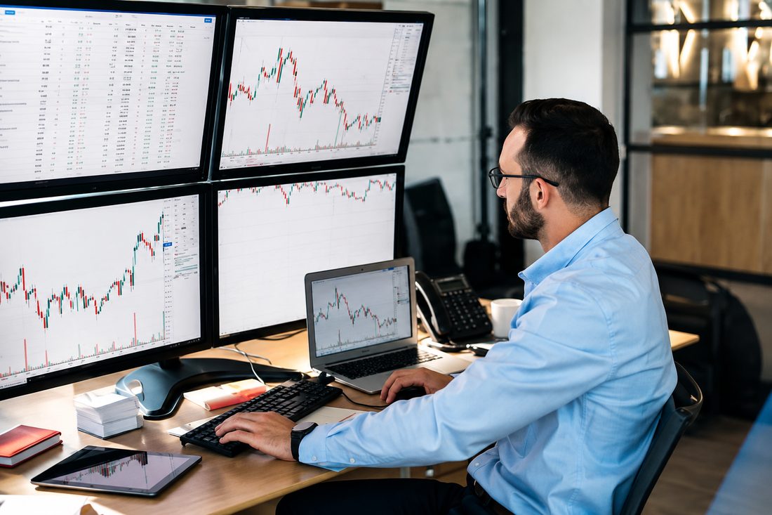 FX dealer at trading screens