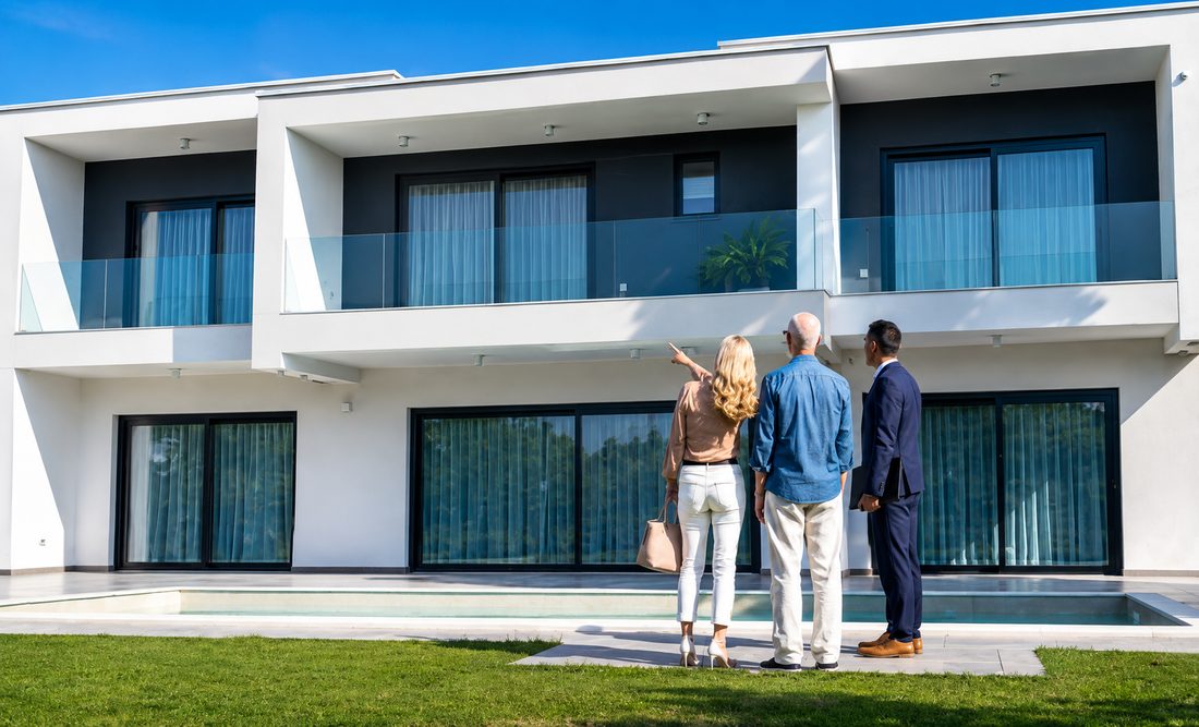 Couple viewing property abroad with agent